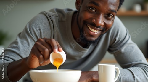 Smiling Black man preparing breakfast by cracking an egg into a bowl, enjoying a bright morning at home.
