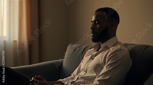 A contemplative Black man in a white shirt sits quietly on a sofa, bathed in soft, natural light.