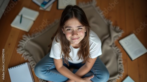 A cheerful young girl sitting cross-legged on a blanket, surrounded by open notebooks and books, exuding a sense of creativity.
