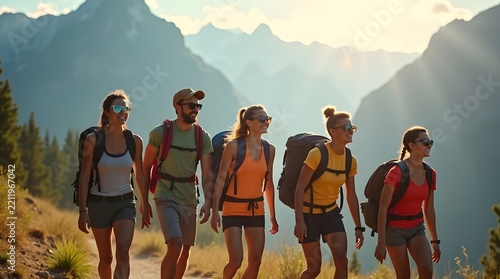 A diverse group of young adults hiking through a scenic mountain trail, enjoying nature's beauty.