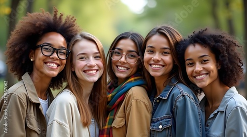 Five diverse women sharing a joyful moment in a lush park, radiating friendship and confidence.