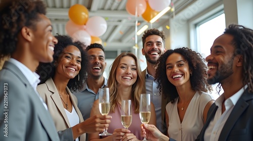 Joyful group of diverse individuals celebrating with champagne glasses in a festive atmosphere.
