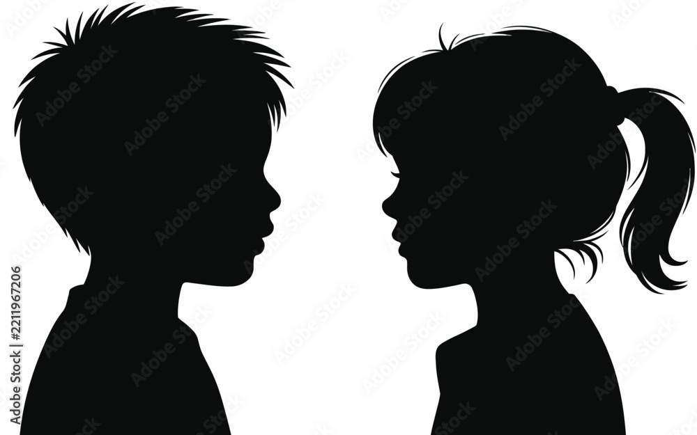 Fototapeta premium Black silhouettes of a young boy and a young girl facing each other in profile, isolated on a white background, representing childhood, friendship, or conversation