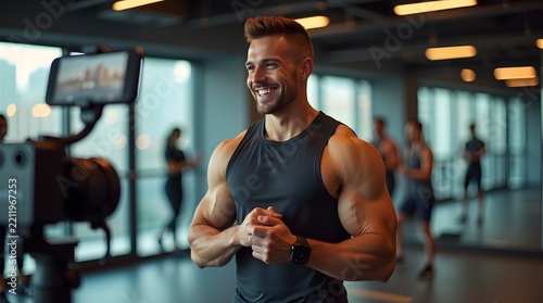 Smiling muscular man filming a fitness routine in a modern gym, showcasing motivation and energy.