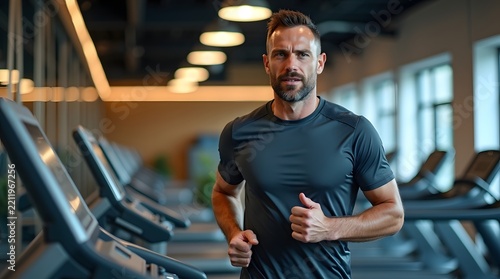 Active Caucasian man jogging on a treadmill in a modern gym, embodying determination and fitness.