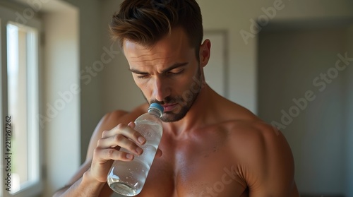 A fit Caucasian man drinks water from a bottle, emphasizing hydration and health.