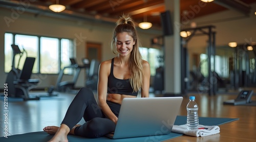 A young Caucasian woman sits on a yoga mat in a gym, smiling at her laptop while enjoying a fitness break.