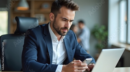 Focused young Caucasian businessman checking his smartphone while working on a laptop in a modern office.