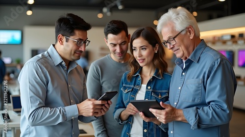 Diverse group of four people, including two men and two women, engaged in technology discussion in a modern workspace.
