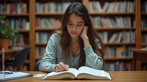 A young Asian woman studiously writing notes in a book at a library with wooden shelves filled with books.