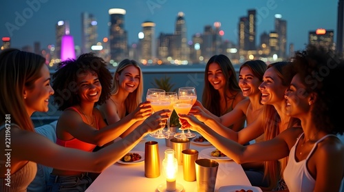 A joyful group of diverse women celebrating with cocktails during a nighttime city skyline gathering.