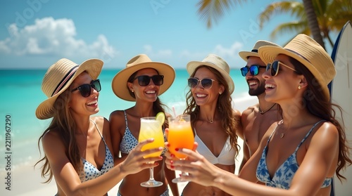 Group of five friends celebrating at the beach, enjoying colorful cocktails under bright sun.