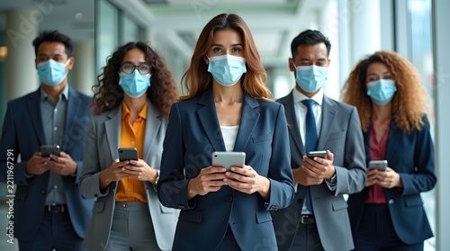 A diverse group of professionals in business attire wearing masks, focused on their smartphones in a modern office setting.