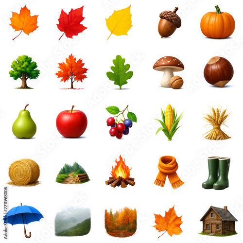 Autumn Seasonal Icon Collection Featuring Nature Elements Isolated on Transparent Background