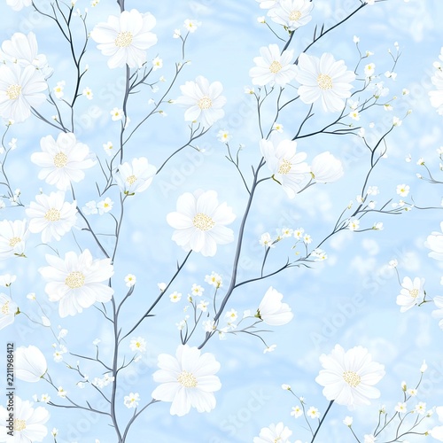 White wildflowers with yellow centers and thin gray stems on pale blue background, seamless repeating pattern for surface design
