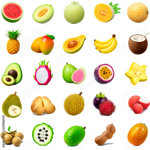 Set of 30 Fresh Tropical Fruit 3D Icons Isolated on Transparent Background for Web Design