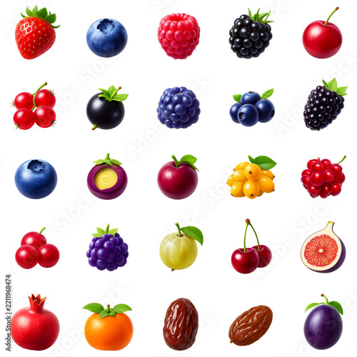Set of 30 Fresh Fruit and Berry Icons Isolated on Transparent Background for Web Design