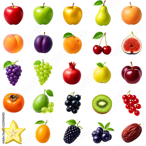 Set of Thirty Fresh Fruit Icons Isolated on Transparent Background for Commercial Design