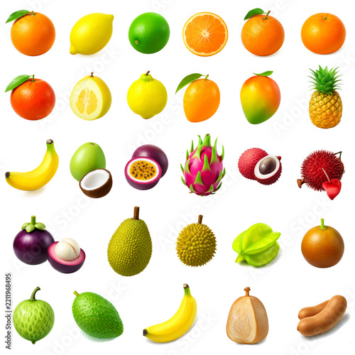 3D Fruit Icon Collection Featuring Thirty Fresh Tropical Produce Isolated on Transparent