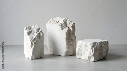 Three rough white stone blocks of varying sizes arranged on a neutral surface