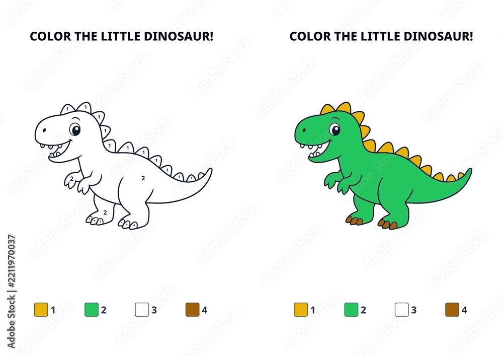 Obraz premium Cartoon dinosaur coloring page with color guide for kids 