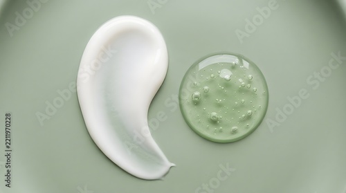 Cosmetic cream smear and a drop of clear gel with bubbles on a green background