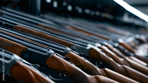 Close up view of polished hunting shotguns arranged in parallel on a gun rack, highlighting warm wooden stocks, dark steel barrels and precision craftsmanship for sporting use and collection