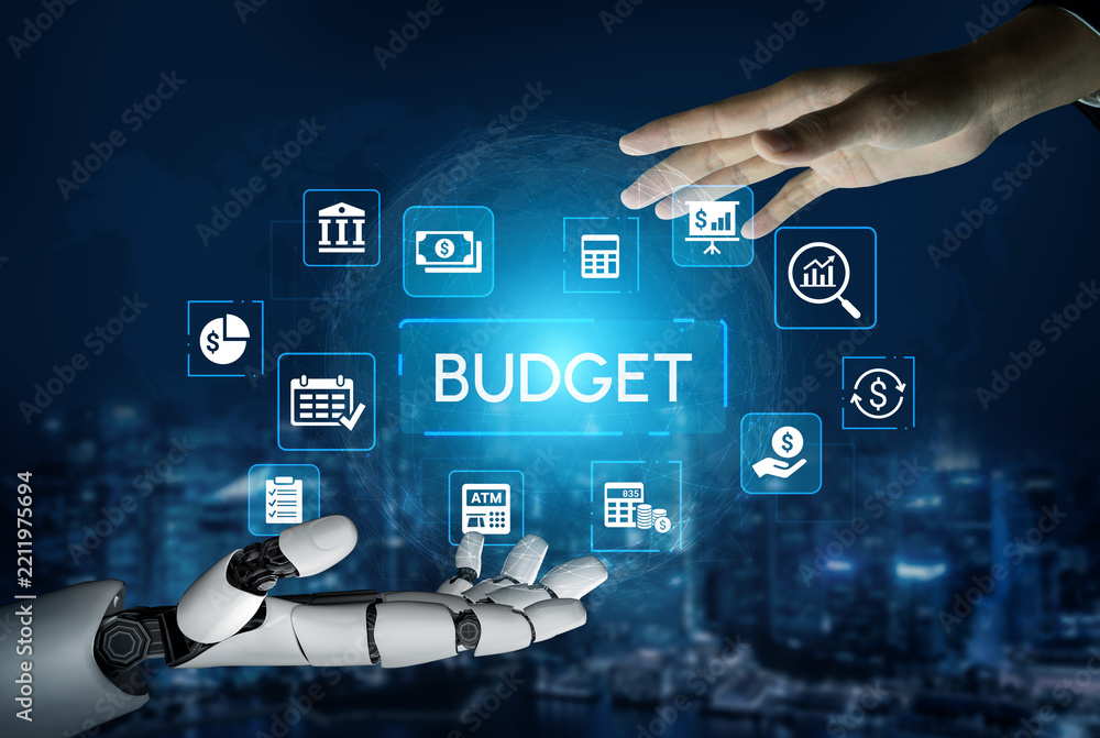 Obraz premium Human and Robot Hand Interacting Over Digital Budget Management with Financial Icons and Data Analytics Symbols in a Futuristic Background. Entropy.