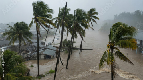 A powerful tropical typhoon unleashes heavy rain and squally winds on a coastal settlement, heavily tilting palm trees and flooding houses.