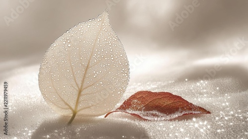 Two leaves, one translucent with dew drops and the other red, rest on a sparkly, light-colored surface. AI.