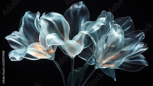 Transparent, translucent flowers with glowing interiors are lit from within against a dark background. AI.