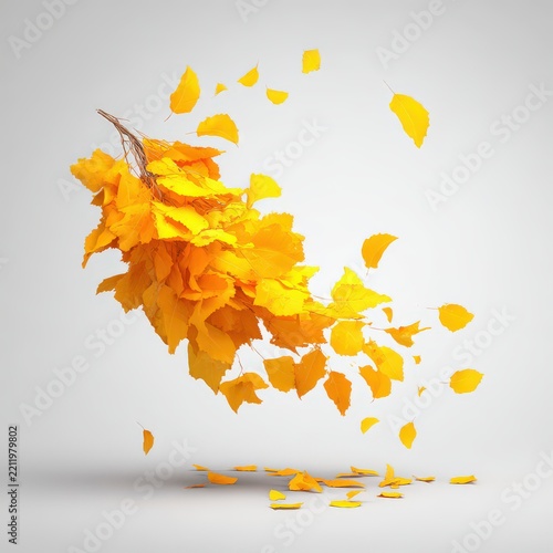 Yellow petals dancing in the autumn air against a serene white background in vibrant digital art