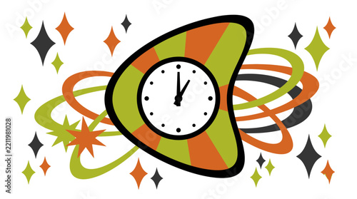Clock Retro Mid Century Vintage Atomic Time 1950s Boomerang Starburst Watch Modern 50s 60s Nostalgia Hour Minute Dial Sputnik Space Age Funky Stars Geometric Decor Vector Illustration