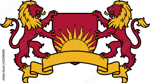 Coat Of Arms Lions Lion Heraldry Crest Shield Heraldic Royal Ribbon Sun Emblem Banner Vintage Luxury Medieval Gold Red Crown Insignia Pride Nobility Classic Traditional Vector Illustration