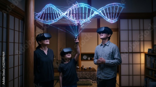 Family Looking at Giant Holographic DNA in Mixed Reality
