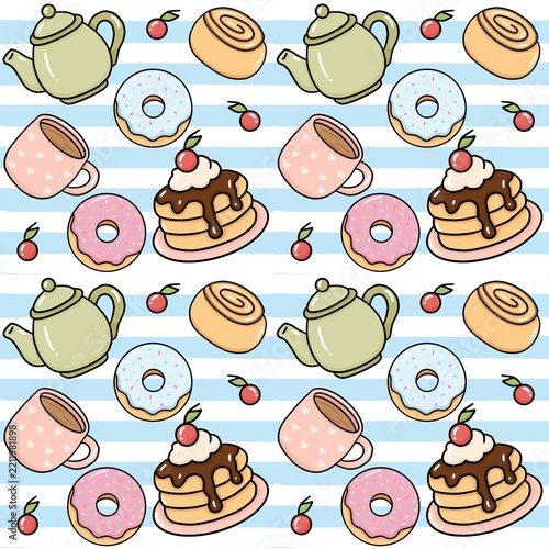 Cute Kawaii Food Illustration with Blue Stripes Background