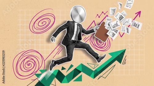 Business concept with a businessman with a coin head running on a growing green arrow chart with flying financial documents
