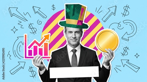 Collage of a businessman in a top hat holding a growth chart and a gold coin, representing financial success and investment strategy