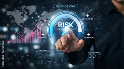 Corporate specialist modifying global risk metrics on a virtual neon glowing dashboard.