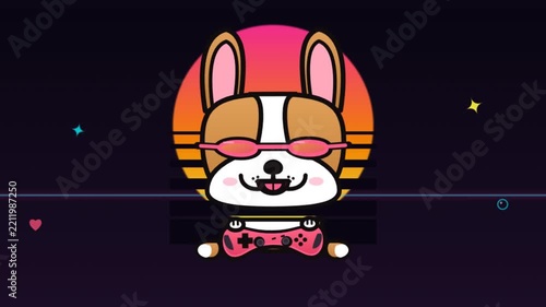 Cute cartoon corgi dog character playing video games in retro synthwave aesthetic style.