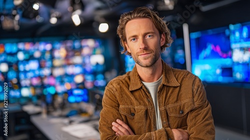 Confident man in casual jacket standing in modern newsroom
