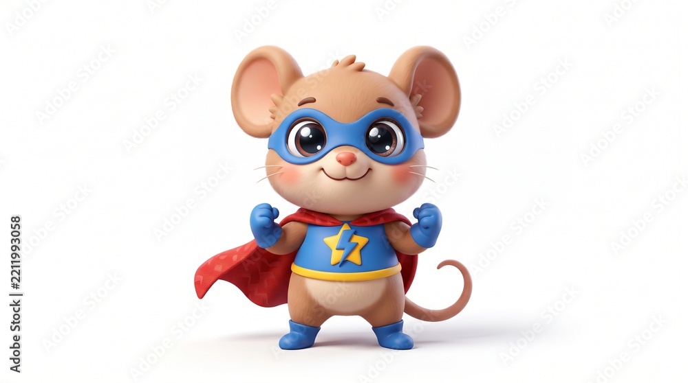 Fototapeta premium Cute baby mouse superhero wearing a cape and mask on white background