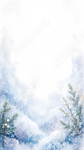 Snowy branches frame a blurred, watercolor winter scene. Delicate frost sparkles in the misty background.