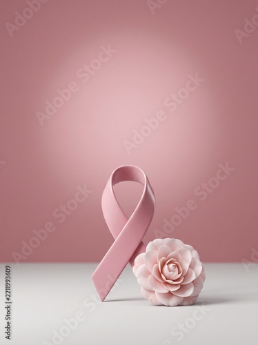 Pink ribbon and camellia flower for breast cancer awareness on pink