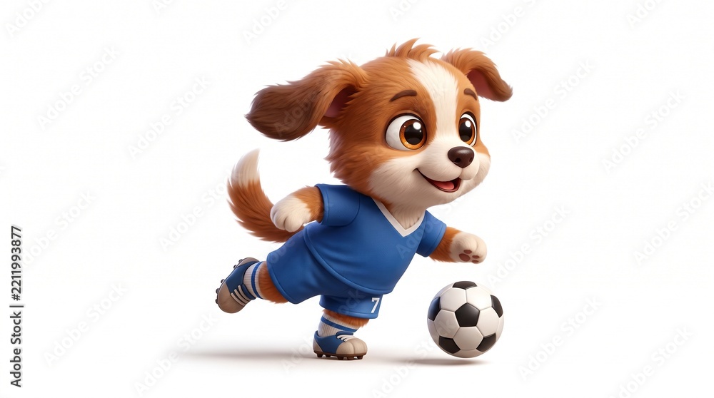 Fototapeta premium Cute puppy wearing a blue soccer jersey kicking a ball on white