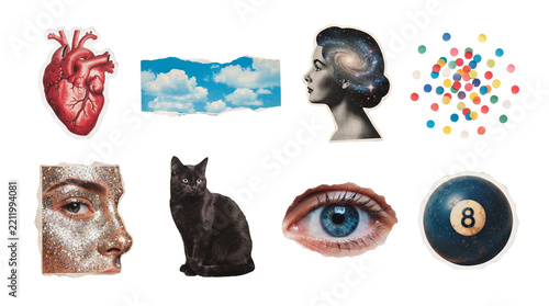 Surreal collage elements featuring anatomical heart and cosmic