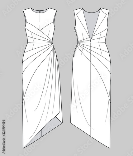 Women sleeveless draped asymmetrical hem dress front back flat vector sketch