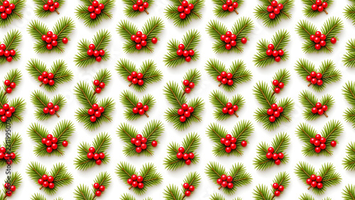 Green holly sprigs with red berries densely cover a white background. It’s a festive pattern.