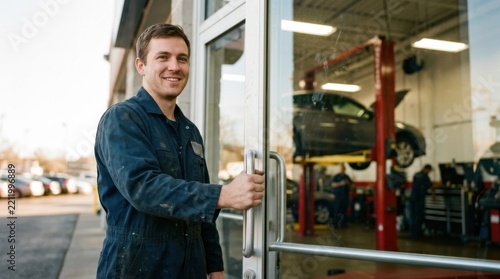 Smiling technician opens the glass door of a newly launched auto repair shop with a hydraulic lift visible behind