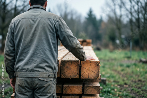 Worker touching wooden beams stack in outdoor timber yard